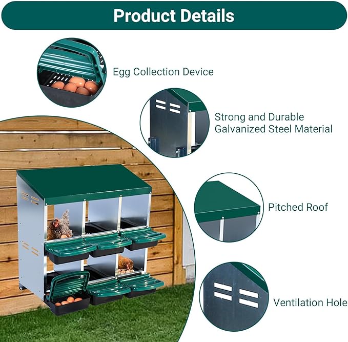 GarveeHome 2-Tier Chicken Nesting Box, 6 Compartment Metal Chicken Laying Boxes with Waterproof Roof ＆ Removable Trays for Hens, Poultry，Easy Egg Collection