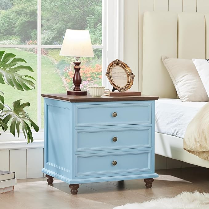 24" Wide Farmhouse Night Stand,Large End Table with 3 Drawers & Metal Handle,Light Blue Wood Dresser for Bedroom Cabinet, Bed Side Tabl·e Chest of Drawers,Nightstand for Living Room,Close