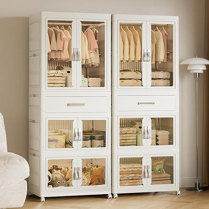 Portable Kids Wardrobe Closet with Doors, Plastic Baby Wardrobe Storage Cabinet with Hanging Rod Children's Clothes Closet Costume Storage Organizer (1 Pack)