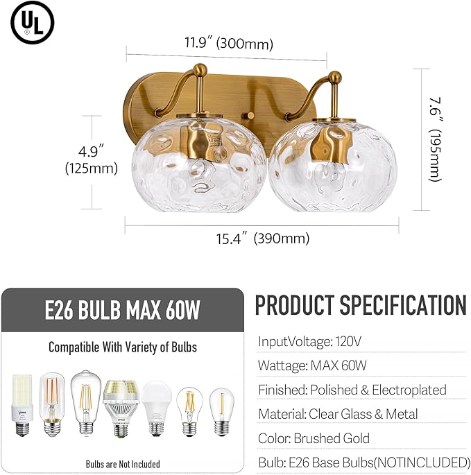 Brushed Gold Vanity Light Clear Hammered Glass Wall Sconce 2-Light Brass Wall