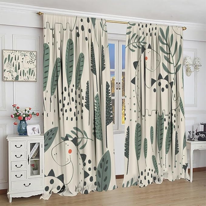 Dinosaur Curtains, Cute Dino Tropical Leaves Plant Beige Green Blackout Window Treatments, Rod Pocket Thermal Insulated Drapes 2 Panel Sets for Children Bedroom Nursery Classroom, 72" W X 63" L