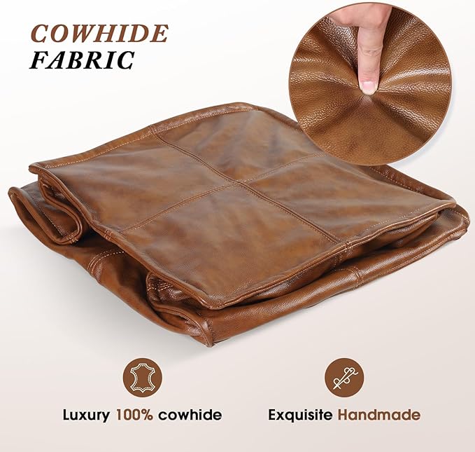 Leather Ottoman,Handmade Stuffed Square Ottoman,Genuine Leather Pouf, Foot Rest Pouf,Comfortable Soft Seating for Living Room & Bedroom (Brown, Square)