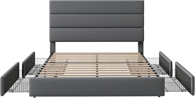 Allewie Modern Full Size Platform Bed Frame with 4 Storage Drawers and Velvet Upholstered Headboard, Wooden Slats Support, Upholstered Mattress Foundation/No Box Spring Needed/Easy Assembly, Grey