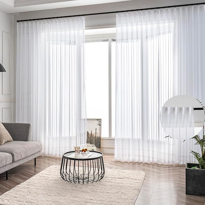 White Sheer Curtains 84 Inches Long 2 Panels, Thin Textured Linen Look Window Sheers, Pinch Pleated Drapes for Living Room, Sliding Glass Door Curtain with Rings & Hooks & Back Tab