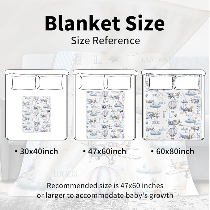 Personalized Infant Swaddle Blanket – Soft Flannel with Double-Layer Dotted Backing – Aircraft and Hot Balloon Design