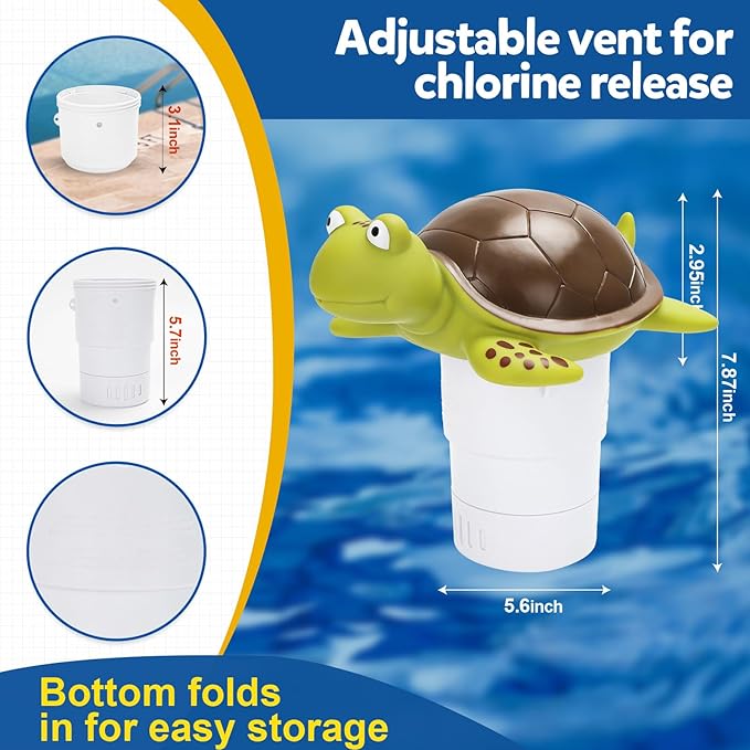 Pool Chlorine Floater, Large Capacity Floating Chlorine Dispenser Fits Up to 5 Pc 3-Inch Chemical Tablets, Heavy-Duty Plastic-Anti-Aging,Top Vacuum Design- Prevent sinkin (Turtle)