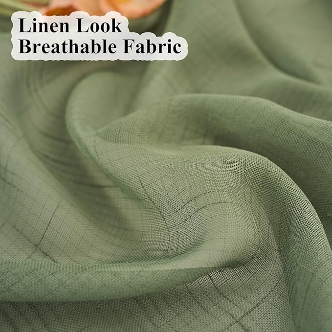 Sage Green Linen Look Sheer Curtains 102 Inches Long 2 Panels, Rustic Textured Light Filtering Drapes, Elegant Window Decor, Floor to Ceiling Pinch Pleat Curtain with Hooks