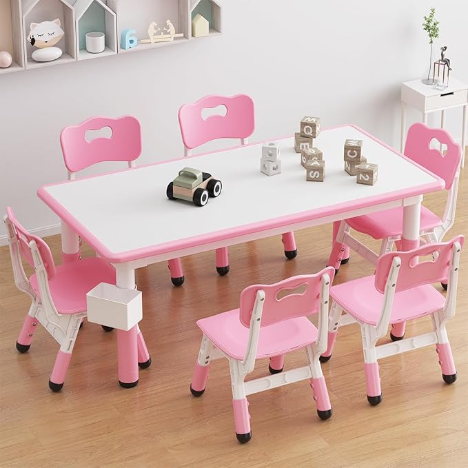 GarveeHome Kids Table and 6 Chairs Set, Height Adjustable Toddler Table and Chair Set, Graffiti Desktop, Children Study Play Dinner Table for Home Daycare Preschool for Ages 2-8, Pink