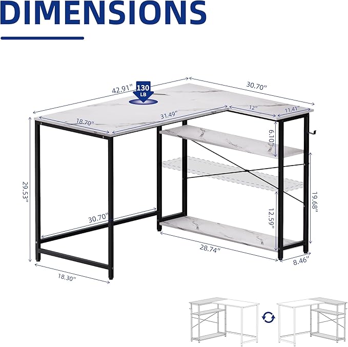 Pamray 43 Inch L Shaped Computer Desk with Reversible Side Storage Shelves, Small Corner Desk for Small Space Home Office,Writing Study Table PC Desk for Bedroom,White Marble