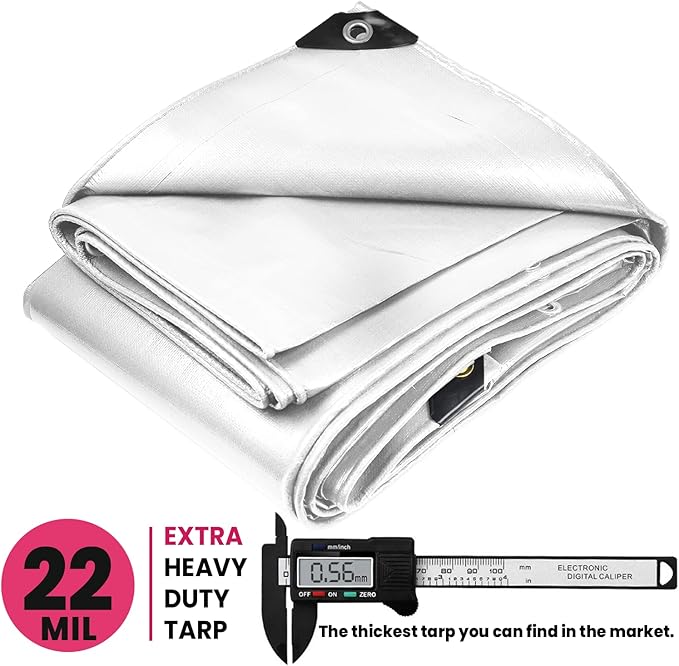 PROTARP Extreme Heavy Duty 22 Mil Tarp Cover, Waterproof, UV Resistant, Rip and Tear Proof, Poly Tarpaulin with Reinforced Edges for Roof, Camping, Patio, Pool, Boat. (White 40′ X 50′)