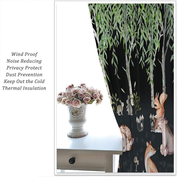 Forest Animal Curtains, Watercolor Cartoon Woodland Plants Animals Bears Moose Mushrooms Printed Curtains for Kids Boys and Girls Bedroom Window Drapes 72x63in