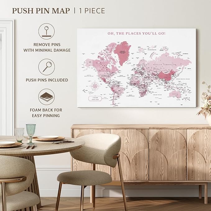 ElephantStock - Places You'll Go Push Pin World Map Wall Art - Horizontal Canvas Wall Art - Living Room Wall Decor - Digital Art Map Canvas Art - White And Pink Decor - 24" x 16"