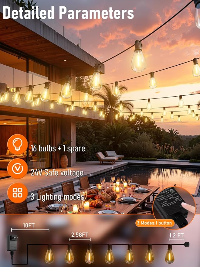 luckystyle 50FT LED Outdoor String Lights