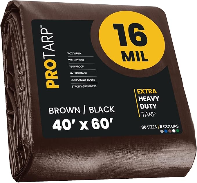 PROTARP Extra Heavy Duty 16 Mil Tarp Cover, Waterproof, UV Resistant, Rip and Tear Proof, Poly Tarpaulin with Reinforced Edges for Roof, Camping, Patio, Pool, Boat. (Brown/Black 40′ X 60′)