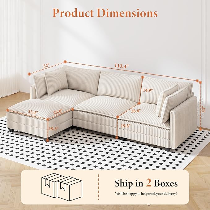 Vesgantti 109" L Shaped Cloud Sectional Couch, Comfy Corduroy Upholstered Modular Couches for Living Room, Modern 3 Seater Sectional Sofa with Ottoman Deep Seat, Beige