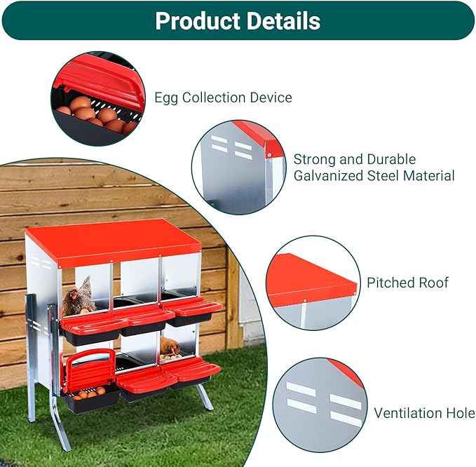 Chicken Nesting Boxes 6 Compartments Chicken Laying Boxes Roll Away Egg Collection Metal Poultry Nest Box with Perch and Lid Cover Free Standing Egg Laying Boxes for Hens Chicken