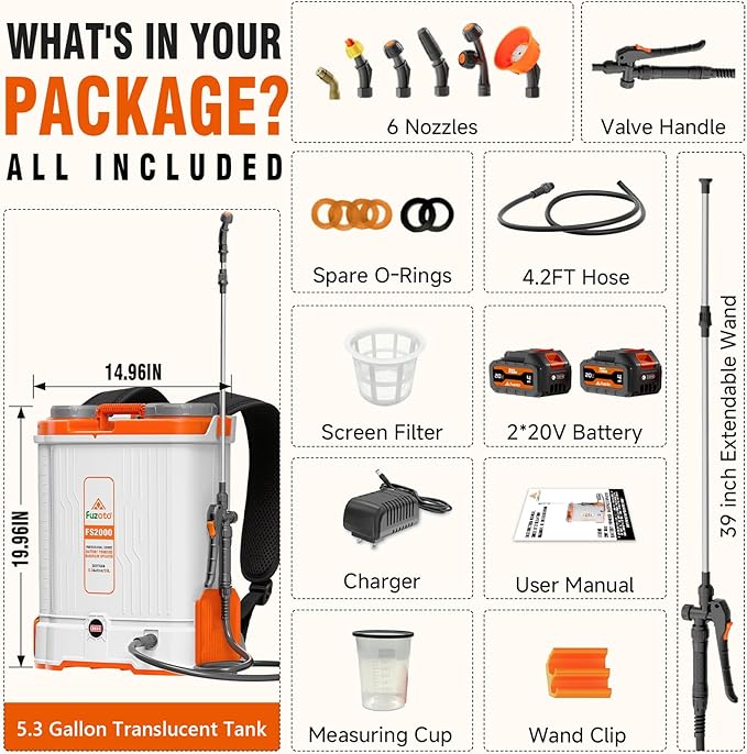 5.3 Gallon Battery Powered Backpack Sprayer, 2 * 20V Large Capacity Battery & 45-90PSI Adjustable Pressure, Electric Backpack Garden Sprayer with 6 Spray Nozzles for Lawn, Garden, Yard