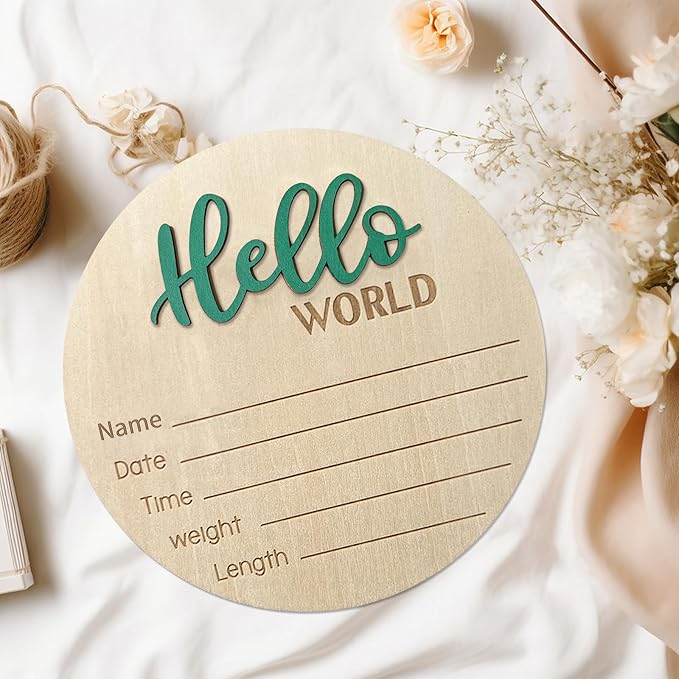 Baby Announcement Sign, 5.9 Inch Wooden Hello World Newborn Sign, Birth Announcement, Baby Shower Hospital Nursery for Newborn Boys and Girls (Green)