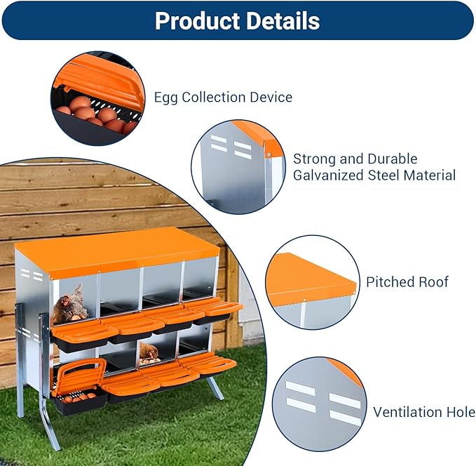 GarveeLife Chicken Nesting Box, 8 Compartments Nesting Boxes for Chickens, Chicken Laying Boxes with Legs, Roll Away Nesting Box for Chickens Laying Egg with Lid Cover to Protect Eggs, Orange