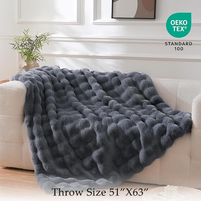 BENVWE Faux Fur Throw Blanket for Couch – Cozy Fuzzy Soft Plush Fluffy Thick Luxury Minky Bubble Blanket for Living Room Home Decor – Fathers Day Birthday Gifts for Women and Men, Grey, 51" x 63"