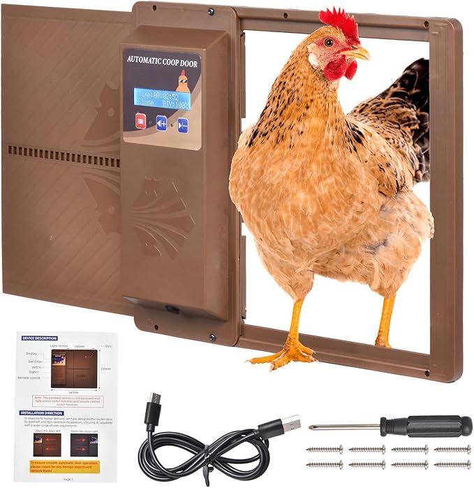 Automatic Chicken Coop Door with Timer Programmable,Double Power Supply(USB Charging/Battery Holder) Chicken Coop Door with LCD Display Anti-Pinch Protection Weatherproof for Poultry,Coffee