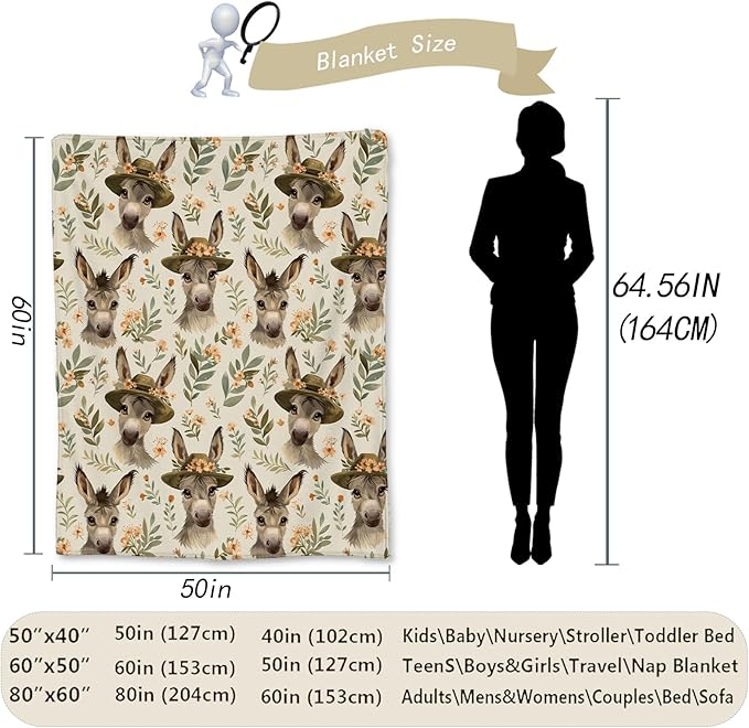 Charming Donkey in Hat & Floral Blanket, Soft Warm Flannel Throw for Couch, Bed, Travel, Living Room & Home Decor, Cozy Lightweight Fuzzy Blankets for Adults Kids Women Boys Girls 80×60 in