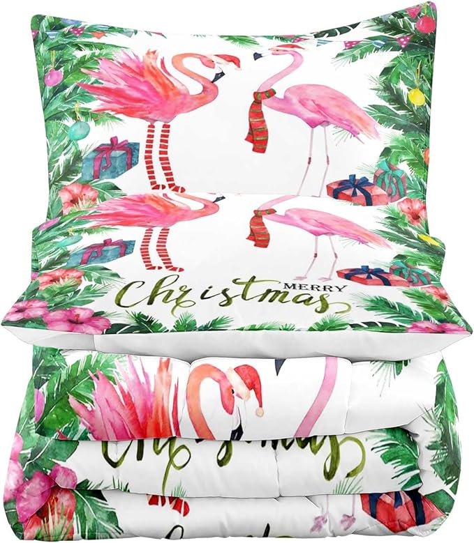 LUVIVIHOME 2PCS Merry Christmas Comforter Set Twin Size, Pink Flamingo Bedding, Teens Girls Boys Kids Bedding, Tropical Green Plant Botanical Hibiscus Flower White Quilt, Xmas Gifts, 1 Pillow Case