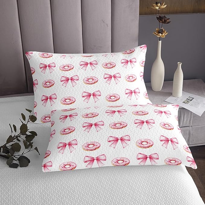 Pink Bowknot Kids Bedspread Twin Size,Donut Dessert Cartoon Food Toddler Coverlet Set,Girls Women Room Decor,Bow Tie Knot Princess Style Quilted Coverlet,Cute Fashion Bedding Quilt,1 Pillowcase