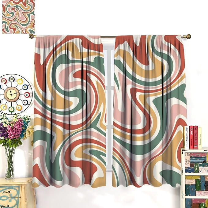 70S Abstract Wavy Swirl Curtain for Bedroom Windows,Retro Boho Minimal Teen Girls Kids Living Room Restroom Window Treatments Drapes 42"" W X 45"" L, Style-4
