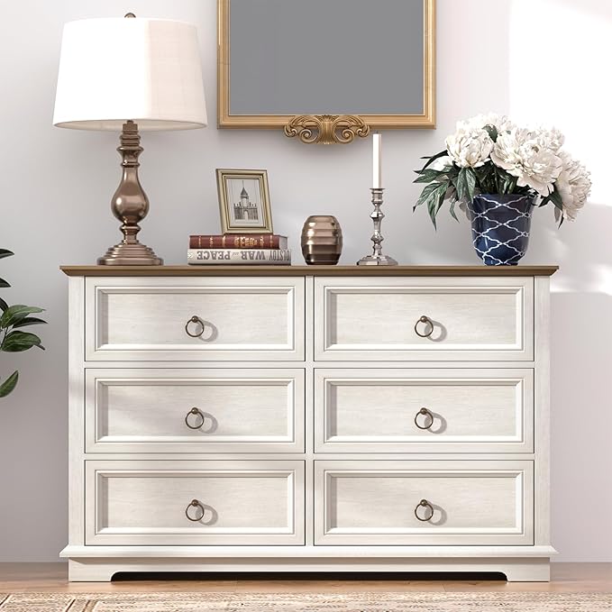 6 Drawers Dresser, Chest of Drawers for Bedroom, Dressers Organizer, Vintage Wood Drawer Chest for Living Room, Bedroom, Closet, Hallway, White