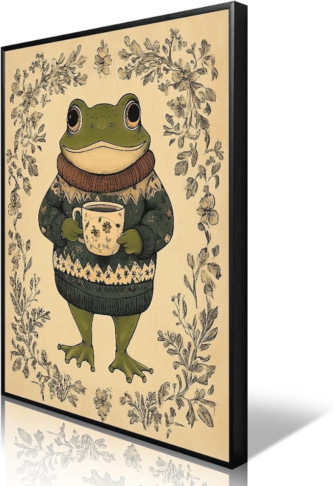 Frog Canvas Wall Art, Green Frog Sweater Dressed Enjoying Tea Poster, Rustic Nursery Animal Painting, Cozy Folk Art Print, Farmhouse Botanical Floral Painting for Kids Room 8x12in Unframed