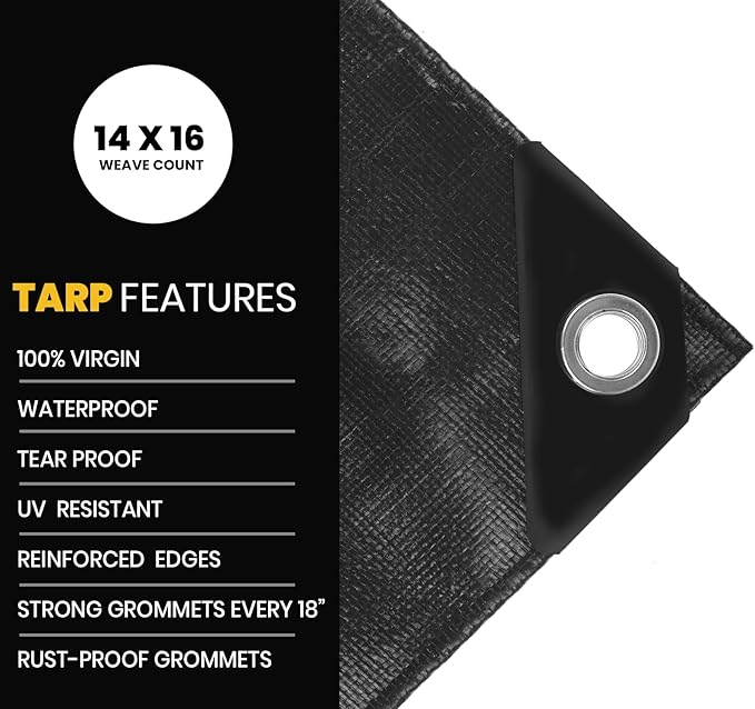 PROTARP Extra Heavy Duty 16 Mil Tarp Cover, Waterproof, UV Resistant, Rip and Tear Proof, Poly Tarpaulin with Reinforced Edges for Roof, Camping, Patio, Pool, Boat. (Black 25′ X 45′)