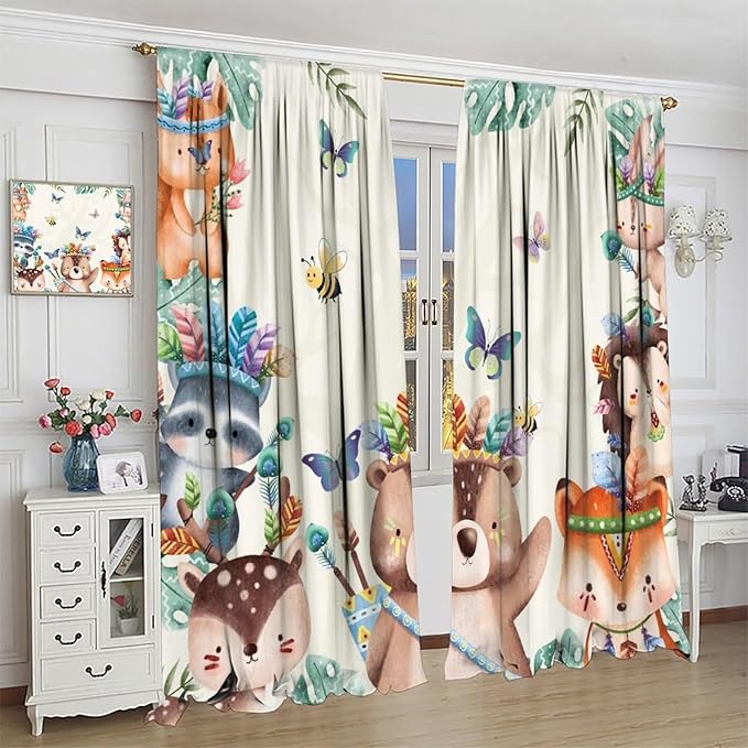 Jungle Safari Curtains, Cute Cartoon Forest Animals Pattern Blackout Window Treatments, Rod Pocket Thermal Insulated Drapes 2 Panel Sets for Children Boys Bedroom Nursery Classroom, 84" W X 84" L