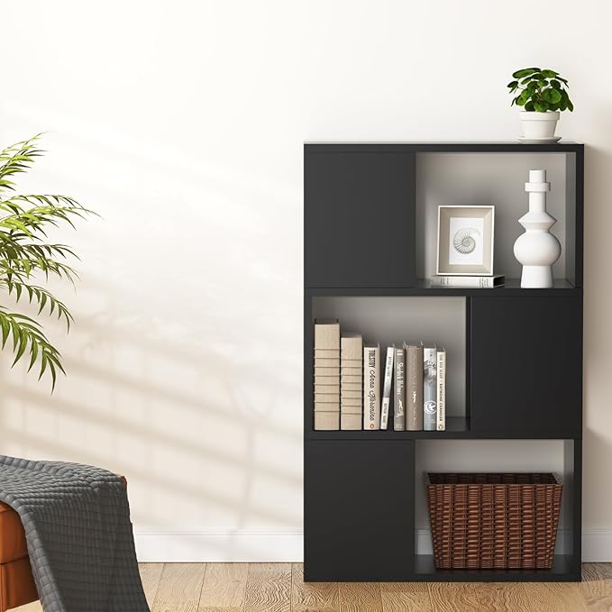 GHC 3 Tier Bookshelf, Wood Decorative Storage Shelving, Modern Freestanding Display Shelves, Tall Book Shelf Unit for Living Room, Bedroom, Office-Black