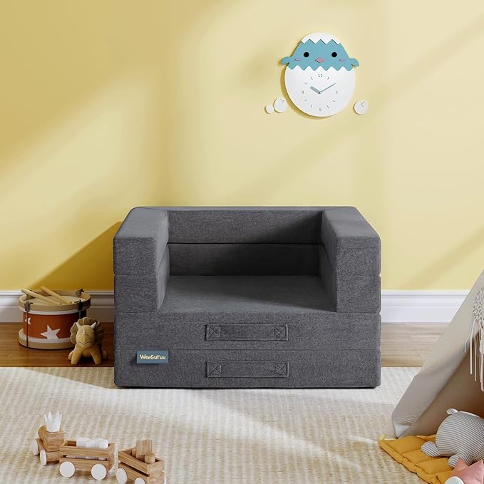 Travel Toddler Bed, 3-in-1 Convertible Sofa Bed for Toddler Portable Floor Beds, Flip Open Sofa Lounger for Girls and Boys, Made with High-Density Foam and Washable Cover,Gray