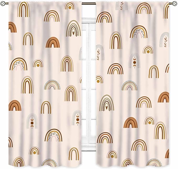 Rainbow Curtains, Boho Pastel Cute Cartoon Aesthetic Art Printed Beige Blackout Decorative Drapery for Kids Girls Baby Bedroom Living Room Classroom Nusery Bathroom Windows 2 Panels, 52"x84" Inch