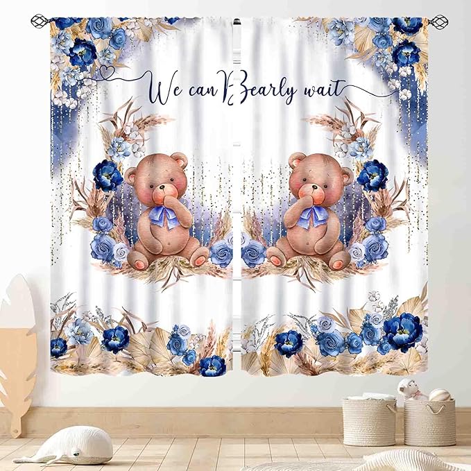 Bear Curtains for Kids Room, Baby Boys Girls Cute Lovely Bear Watercolor Floral Blue Window Drapery Treatments for Living Room Bedroom Nursey Toddler Classroom 2 Panels, 42"x54" Inch