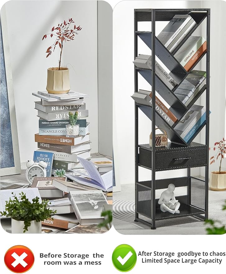 Bookshelf with Drawer,10 Tier Tree Bookcase Retro Floor Standing Bookshelves,Tall Wood Bookcases with Cabinet Storage Organizer for Living Room, Bedroom & Home Office, Black