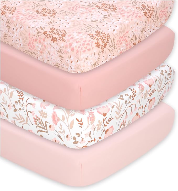 The Peanutshell 4-Pack Fitted Crib Sheet Set - Super Soft & Breathable Baby Girl Crib Sheets, Nursery Decor, Fit for Standard Mattress Cover- Whimsical Floral