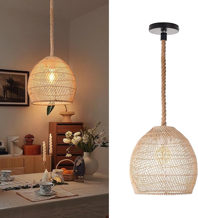 Arturesthome Mini Natural Rattan Pendant Light for Kitchen Island, Woven Lamp Shade Chandelier, Handmade Hanging Ceiling Light Lampshade, Rope Lamp D 9.8inx10.6in