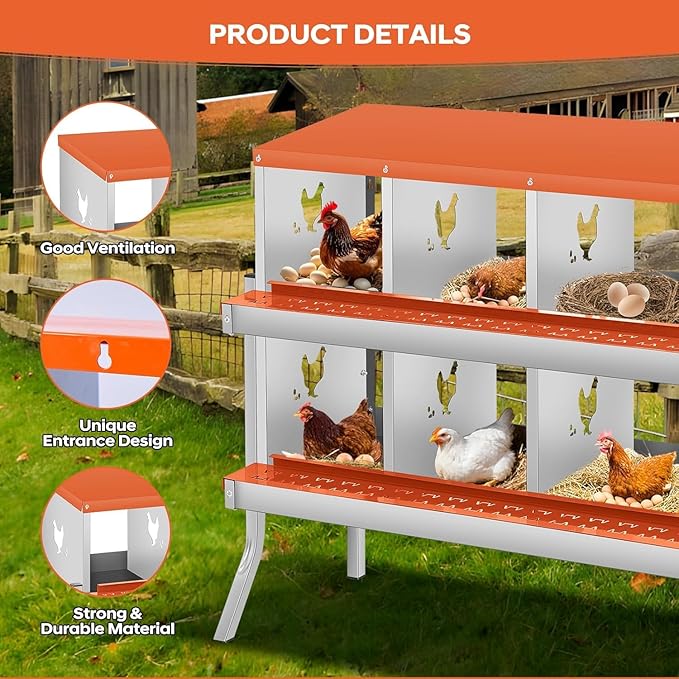 8-Hole Chicken Nesting Box, Rustproof Galvanized Steel, Wall-Mounted Metal Laying Box for Hens, Easy Egg Collection & Cleaning, Roll Away Nest Boxes - Orange