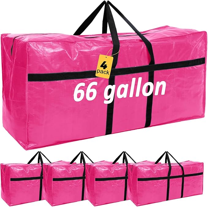 4 Pcs 66 Gallon Large Moving Bags with Zipper and Handles Foldable Storage Duffle Bags Heavy Duty Extra Large Totes for College Dorm Travel Clothes Blankets Bedding Moving (Pink)