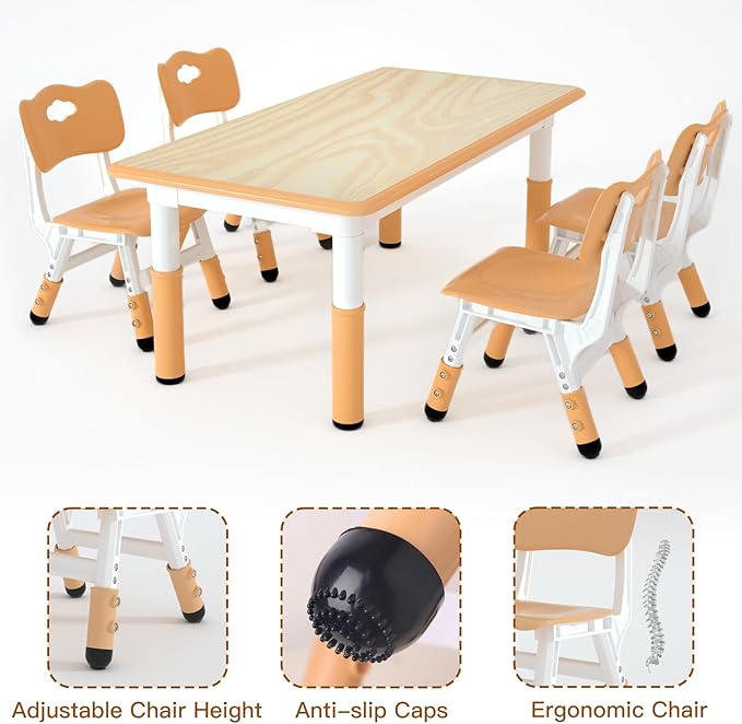 Kids Table and 4 Chairs Set，Height Adjustable Children Table & Chair，Toddlers Study Multi-Activity Table with 47.2"x23.6" Wipe-Clean Desktop，for Classrooms, Homes & Daycares