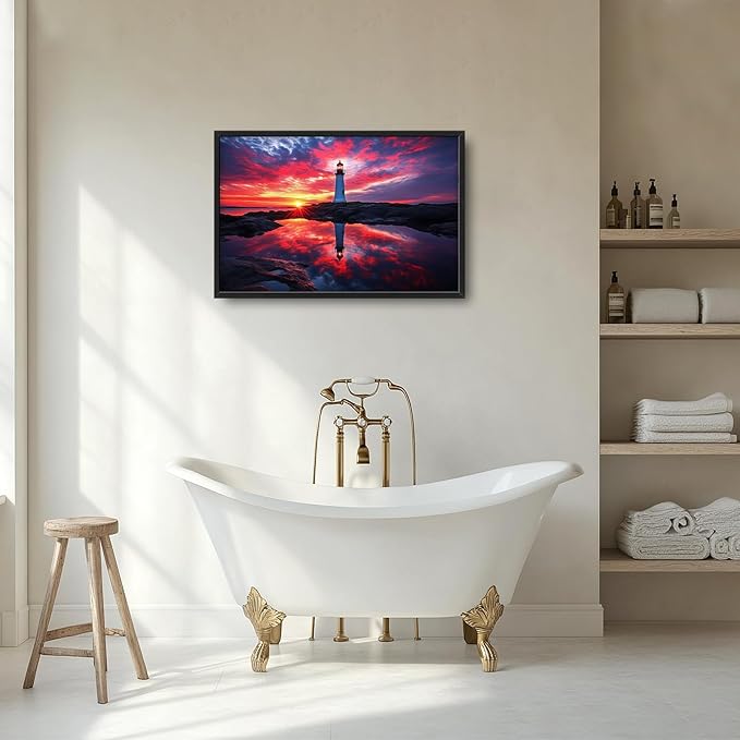 Olivine Lighthouse Wall Art, Nautical Coastal Pictures Wall Decor, Beach Sunset Paintings, Ocean Canvas Prints, Framed Artwork for Bathroom Bedroom Living Room Office Home Decoration 36"x24"