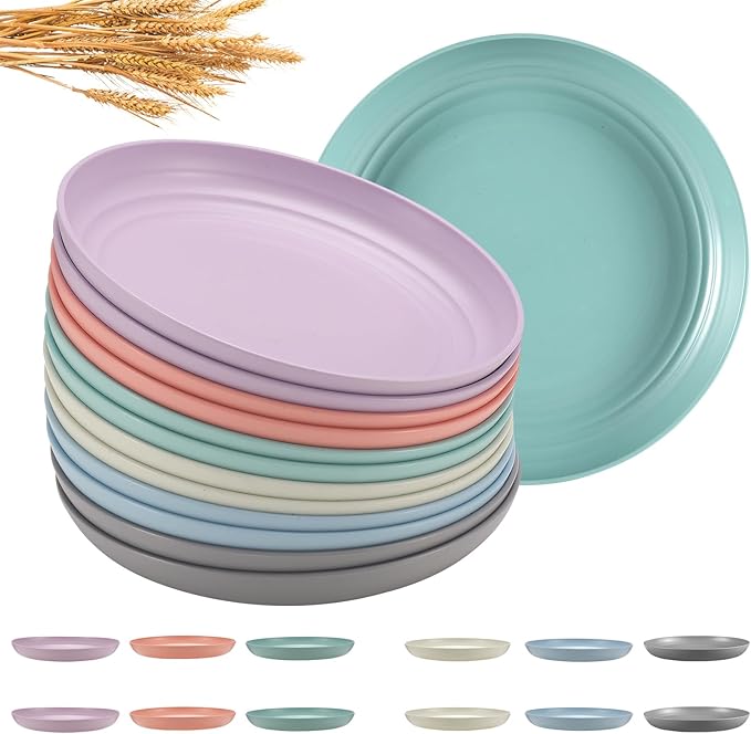 12 Pcs Unbreakable Deep Dessert Plates Set, 8 inch Reusable Plastic Wheat Straw Plates, Microwave and Dishwasher Safe Plate for Kitchen, Lightweight Plate for Dessert, BPA Free, 6 Colors