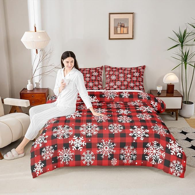Feelyou Christmas Comforter Set Full Size Red Black Plaid Bedding Set for Kids Boys Girls Winter Snow Duvet Quilt Snowflake Red Bedroom Decor Microfiber 3 Pcs with 2 Pillow Cases