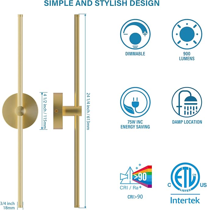 ZAGO 24 Inch LED Indoor Linear Wall Sconces Set of Two, 3CCT Switchable