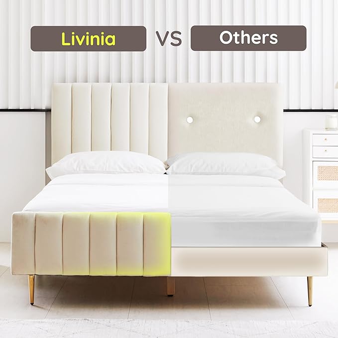 Livinia Queen Size Elton Velvet Platform Bed, Upholstered Bed Frame with Vertical Channel Tufted Headboard Footboard, Strong Wood Slats, No Box Spring Needed, Ivory (Queen)