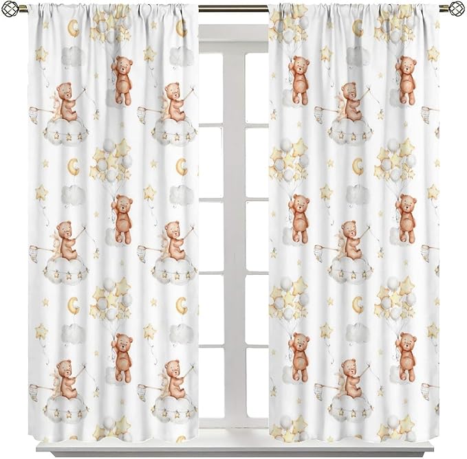 Cartoon Bear Curtains, Cute Lovely Bear Star Cloud Ballon Pastel Blackout Window Treatments, Rod Pocket Thermal Insulated Drapes 2 Panel Sets for Kids Bedroom Nursery Classroom, 72" W X 63" L