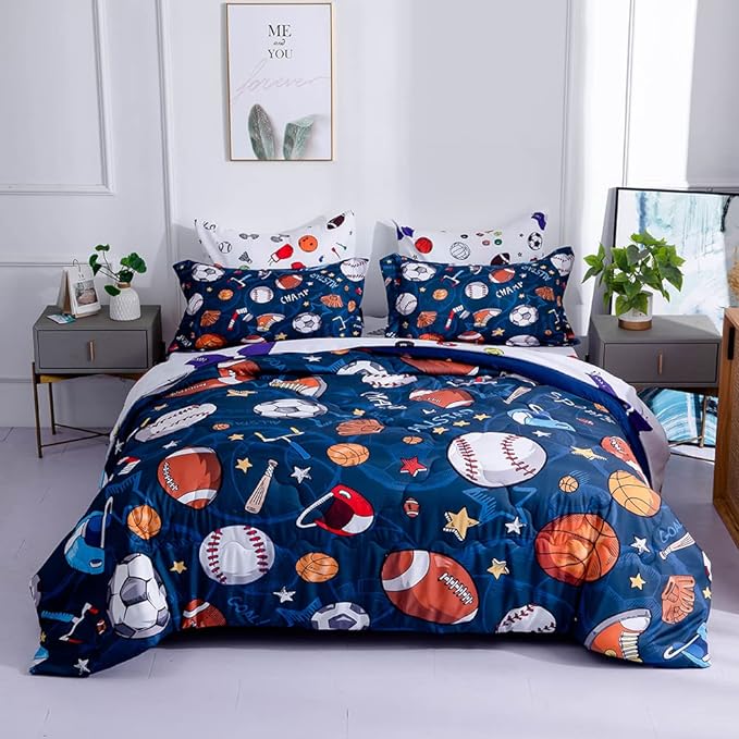 Wajade Sports Comforter Set - 7 Piece Queen Bedding with 3D Soccer, Basketball, Baseball, Football Design for Kids